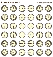 Fototapeta na wymiar Clock and time icon set. Filled outline icon set.