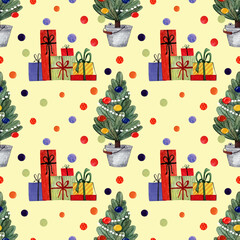Watercolor Christmas pattern with Christmas tree and gifts