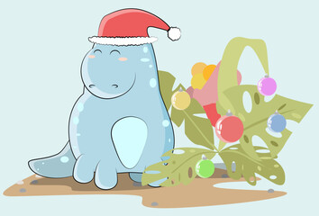 Dinosaur in Santas hat adorned fern by new year