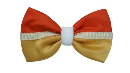 Handmade bow made out of satin fabric with red, gold, and white color, suitable for Christmas hair bow.