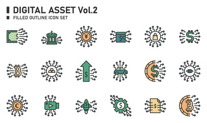 Digital asset filled outline icon set.