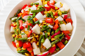 corn, radish, jicama, pepper, green bean salad