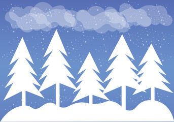 Abstract winter background with falling snow. Forest with snow-covered fir trees. Christmas snowfall.  