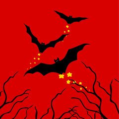 Black bat flying over dry tree with yellow asterisk on red background. Hellowen vampire bat illustration.