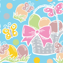 Easter seamless vector pattern with flowers, eggs, basket, spring decorative elements. Hand drawn illustration for textile print, fabric design, party decoration, scrapbooking, wallpaper and wrapping.