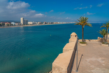 View over the coastline at Peniscola from the castle in the costa del Azahar in Castellon, valencian community in Spain.
