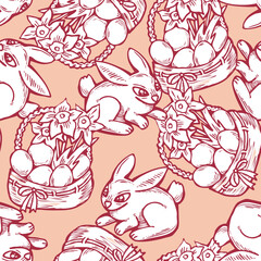 Easter seamless vector pattern with flowers, eggs, basket, spring decorative elements. Hand drawn illustration for textile print, fabric design, party decoration, scrapbooking, wallpaper and wrapping.