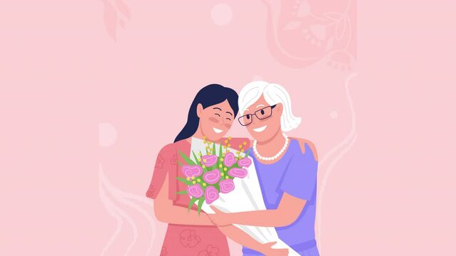 Animated isolated hugging mom. Making mother happy and proud. Surprise with bouquet. Looped flat 2D character HD video footage with alpha channel. Colorful animation for mobile, website, social media