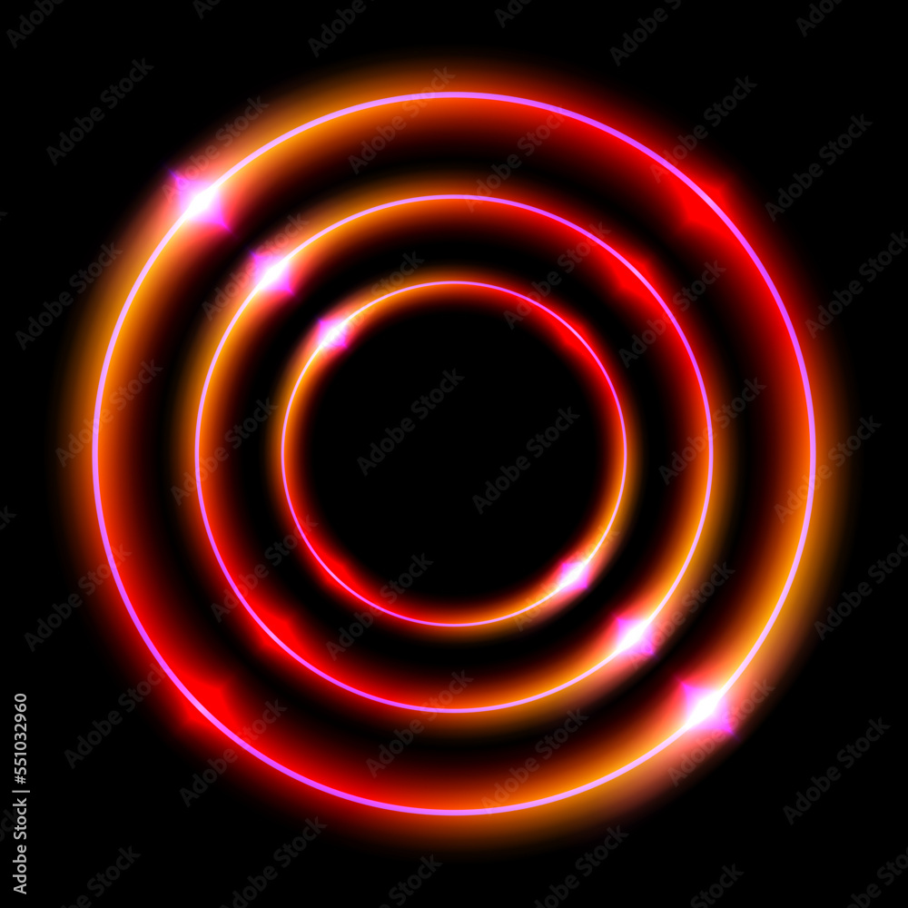Poster abstract circle light neon glowing rings on black background, orange red concentric laser light circ