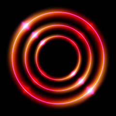 Abstract circle light neon glowing rings on black background, orange red concentric laser light circles with copy space, vector illustration backdrop.