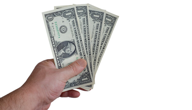 men's hand holding dollars on white background.