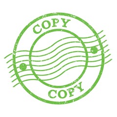 COPY, text written on green  postal stamp.