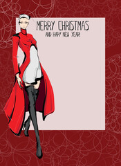 Fashionable Christmas and New Year Postcard. Beautiful young girl in stylish clothes. Sale concept. Hand-drawn fashion illustration. Cute girl in fashion clothes.