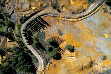 Drone aerial of copper mine with red toxic contaminated land. Environmental pollution nature...