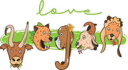 Fototapeta premium Cartoon animals build the word VEGAN