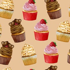 Watercolor pattern of cupcakes with cream sweets and berry. Cakes is on beige background. Muffins for cafe and pastry shop