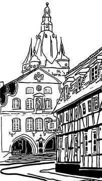 Sketch of the old Town from Brilon, Germany. Outlines as template or for coloring. Vector shows town hall, propstei church, half-timbered house.