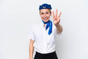 Airplane blonde stewardess woman isolated on white background happy and counting three with fingers