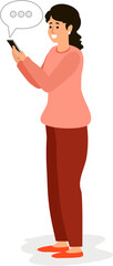 Fototapeta premium Young woman uses a smartphone.Types text message on cell phone, enjoys online communication, types feedback. Technology concept. vector illustrations.