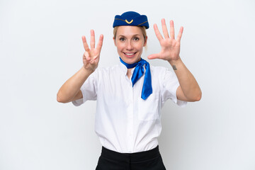 Airplane blonde stewardess woman isolated on white background counting eight with fingers