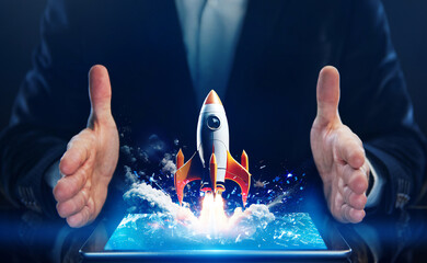 Startup concept. Businessman successfully developing new business