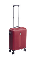 Red rolling suitcase on gray background