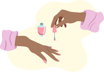 Beautiful African female hands doing manicure with pink nail polish in flat style
