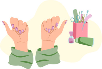 Beautiful hands of Caucasian woman showing off her manicure in flat style