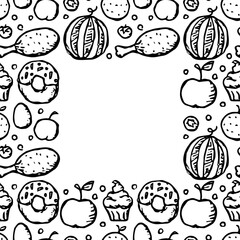 doodle food frame. icons of food, mushrooms, sweets, vegetables and fruits. vector food icons