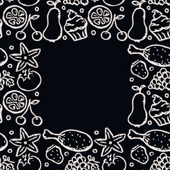 doodle food frame. icons of food, mushrooms, sweets, vegetables and fruits. vector food icons