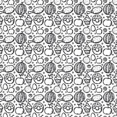 seamless pattern with food icons. icons of food, mushrooms, sweets, vegetables and fruits. vector food icons