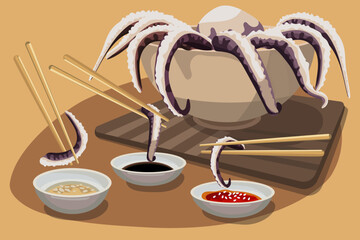 Illustration of an octopus with sauces and chopsticks. Asian cuisine with seafood. Octopus with sauces is eaten with chopsticks. Suitable for printing a flyer, banner.