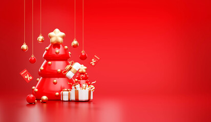 Christmas sale banner background with gift box and christmas tree for product placement 3d rendering