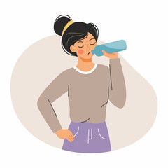 Woman drinks water from plastic or glass bottle. Useful habit. Morning routine. Maintaining water balance in body.