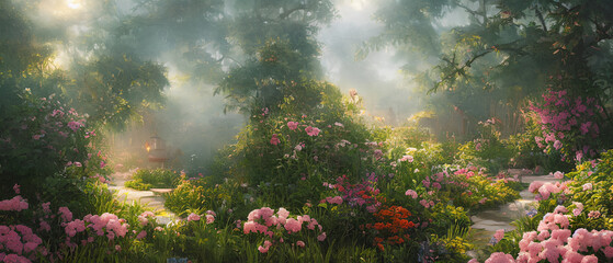 Artistic digital painting of majestic garden, wallpaper