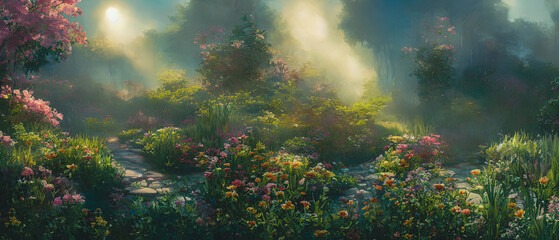 Obraz premium Artistic digital painting of majestic garden, wallpaper