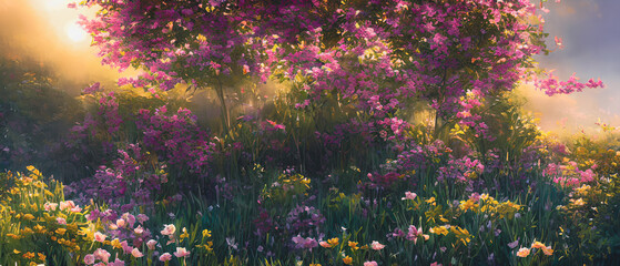Obraz na płótnie Canvas Artistic digital painting of majestic garden, wallpaper