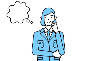 顔をかきながら考える作業着を着た女性のシンプルな線画イラスト