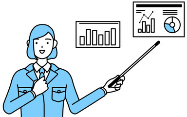 DX化のイメージ、業績グラフを分析するす作業着を着た女性のシンプルな線画イラスト