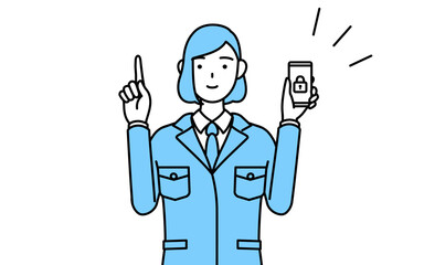 スマホのセキュリティ対策をする作業着を着た女性のシンプルな線画イラスト