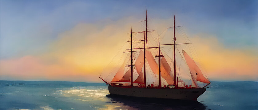 Ship on the sea, Watercolor painting landscape.