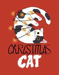 Christmas cat stuck in garland. Christmas typography illustration.