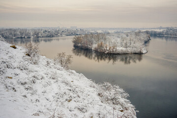 Snow-covered winter trees on the river bank.