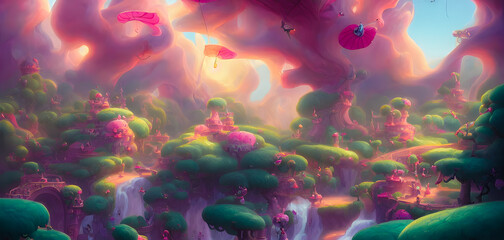 Artistic painting of a colorful candy land, wallpaper