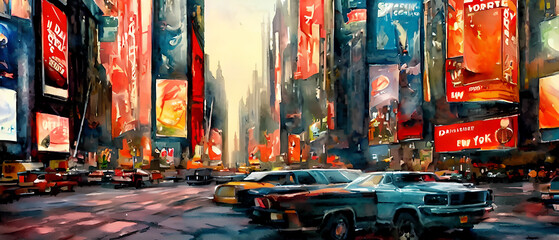 Street view of New York City, USA, Abstract water color painting. Urban illustration