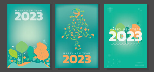 set of 2023 colorful Happy New Year posters. typography logo 2023 for vector celebration and season decoration, floral Green backgrounds banner.