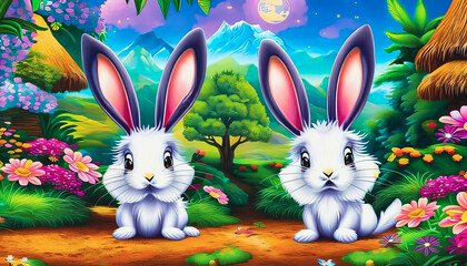 Artistic cartoon painting of fantasy rabbit in the garden, wallpaper