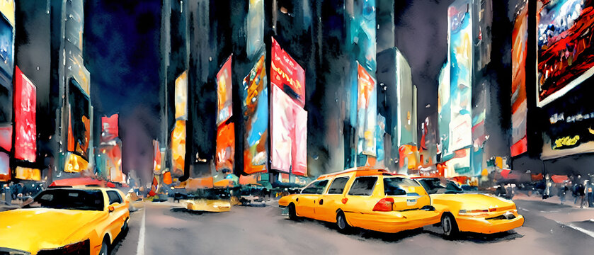 Cars on the street of New York City, USA, Times Square. Watercolor painting.