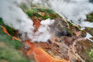 Aerial view to hot geysers. A drone view of the Kamchatka mountains.