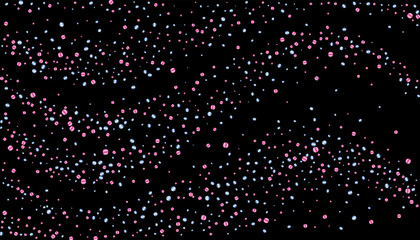 Confetti with blue and pink glitter on a black background. Shiny particles are scattered. Decorative element. Luxury background for your design, postcards, invitations, vector